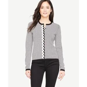 Ann Taylor Houndstooth Black and White Rick Rack Trim Cardigan